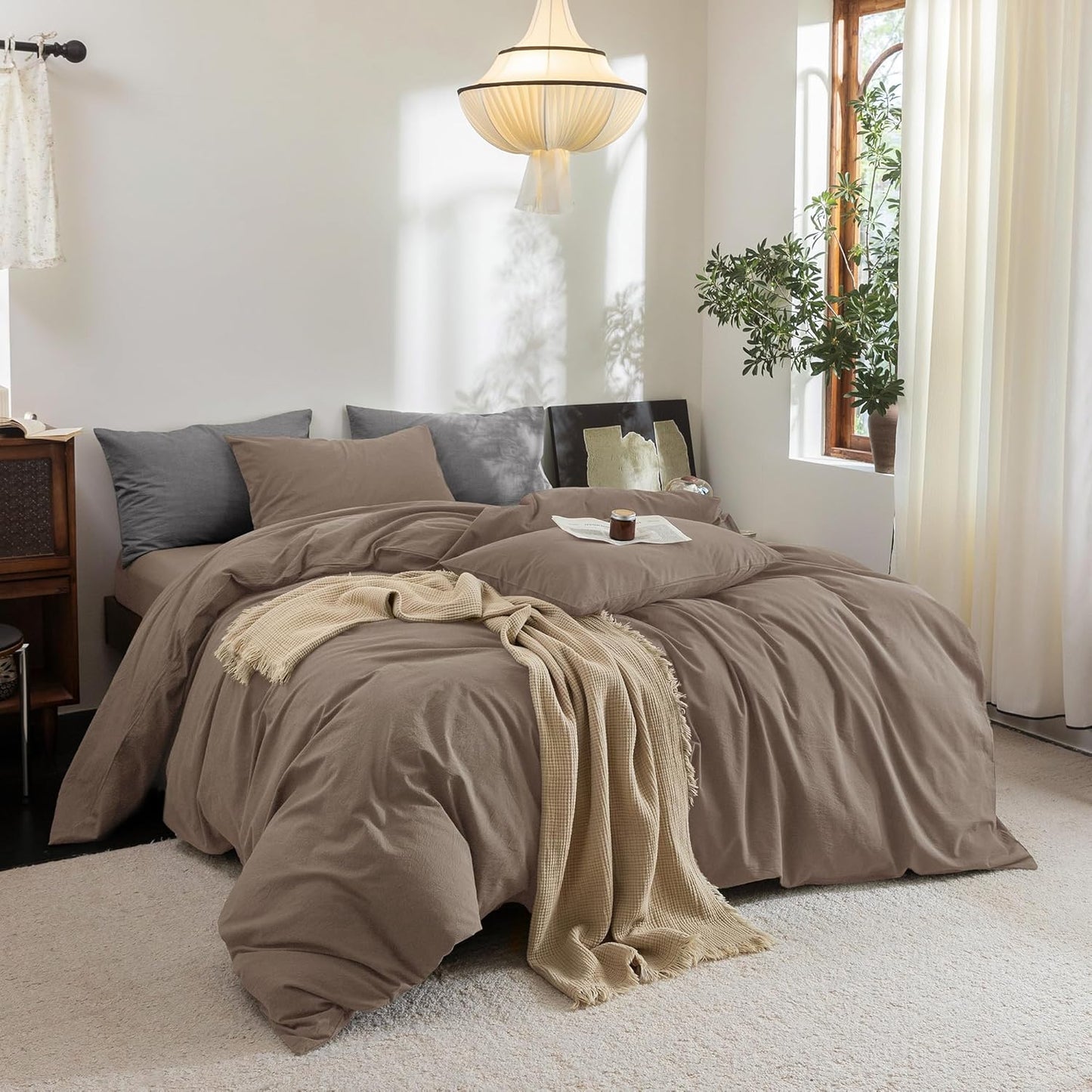 FOSSA Duvet Cover Set 100% Washed Cotton Linen Feel Super Soft Breathable Cozy 3 Pieces Bedding Sets Solid Pale Brown Super King