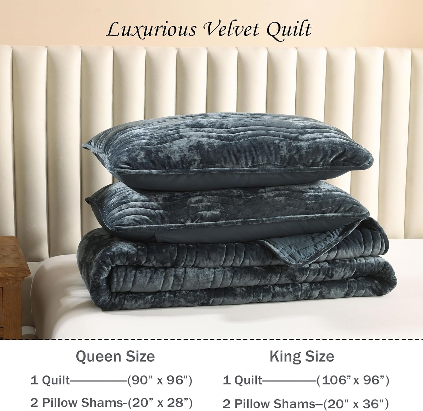 Velvet King Size Comforter Set, Luxurious King Quilt, Blue Bedding Set, Soft Plush Bedspread, Lightweight for All Season,Stormy Blue