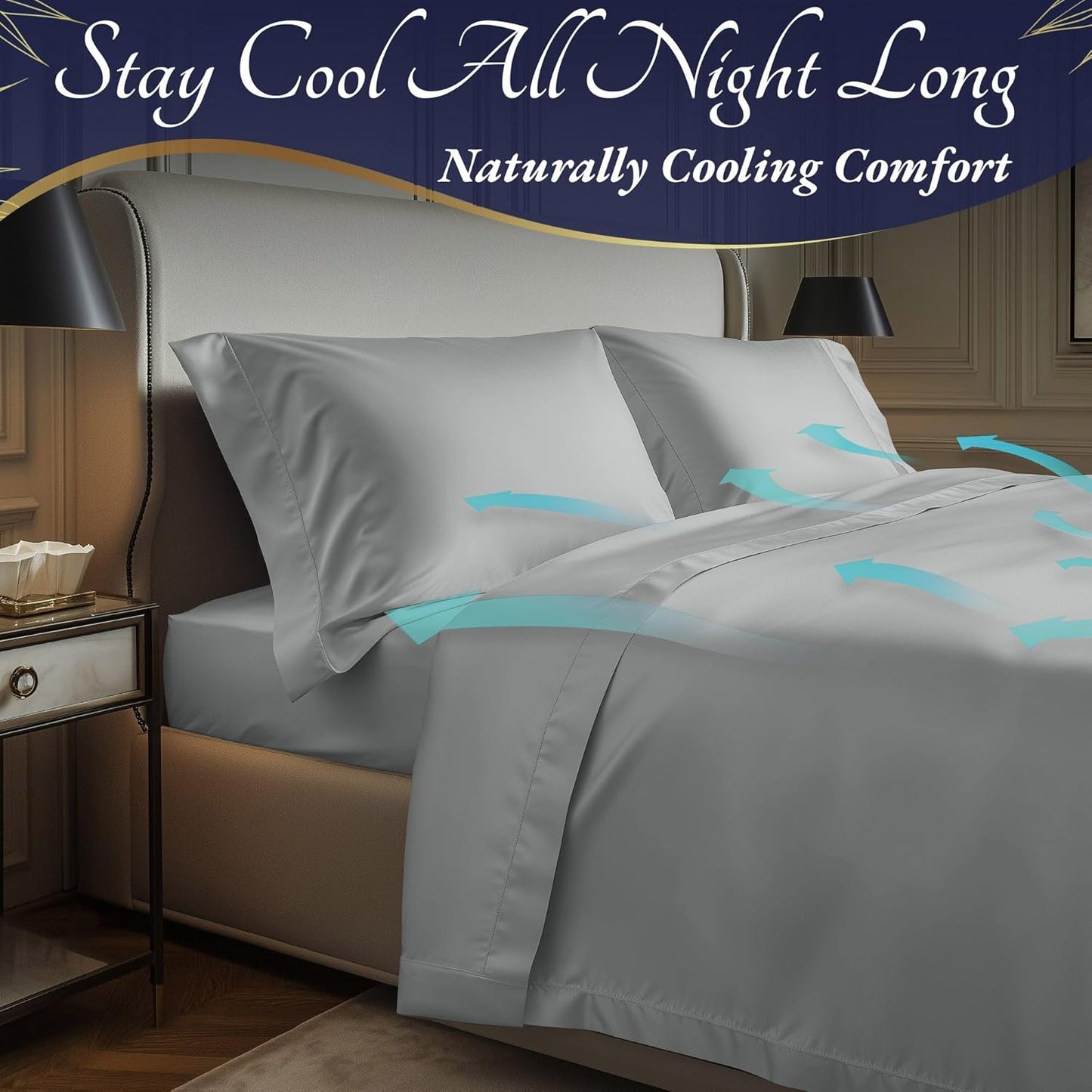 DECOLURE 100% Viscose Derived from Bamboo Sheets Cal King Size 4pcs - Ultra Soft & Luxuriously Cooling, 17" Deep Pocket,Double Stitching,Perfect for Hot Sleepers - King Bed Sheets (Light Grey)