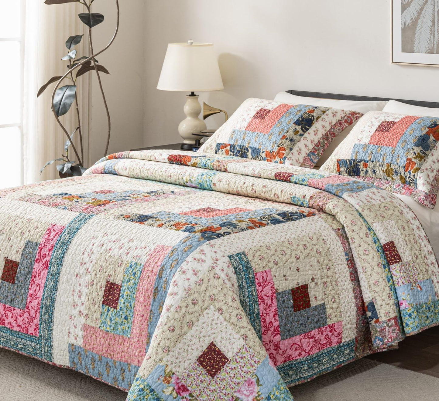 meadow park Cotton Real Patchwork Quilt Set 3-Piece. 100% Washed Cotton. 208 Hand Cut Patches. Allover Quilting. Reversible Coverlet Set. (Queen)