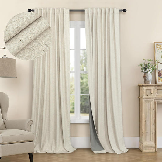 Farmhouse Style 94 Inch Curtains for Living Room Drapes Back Tab Pleated Linen Blackout Earthy Curtain Heat Blocking Black Out Window Treatment Master Bedroom Sunroom 2 Burg Panel 94 Long Length Beige