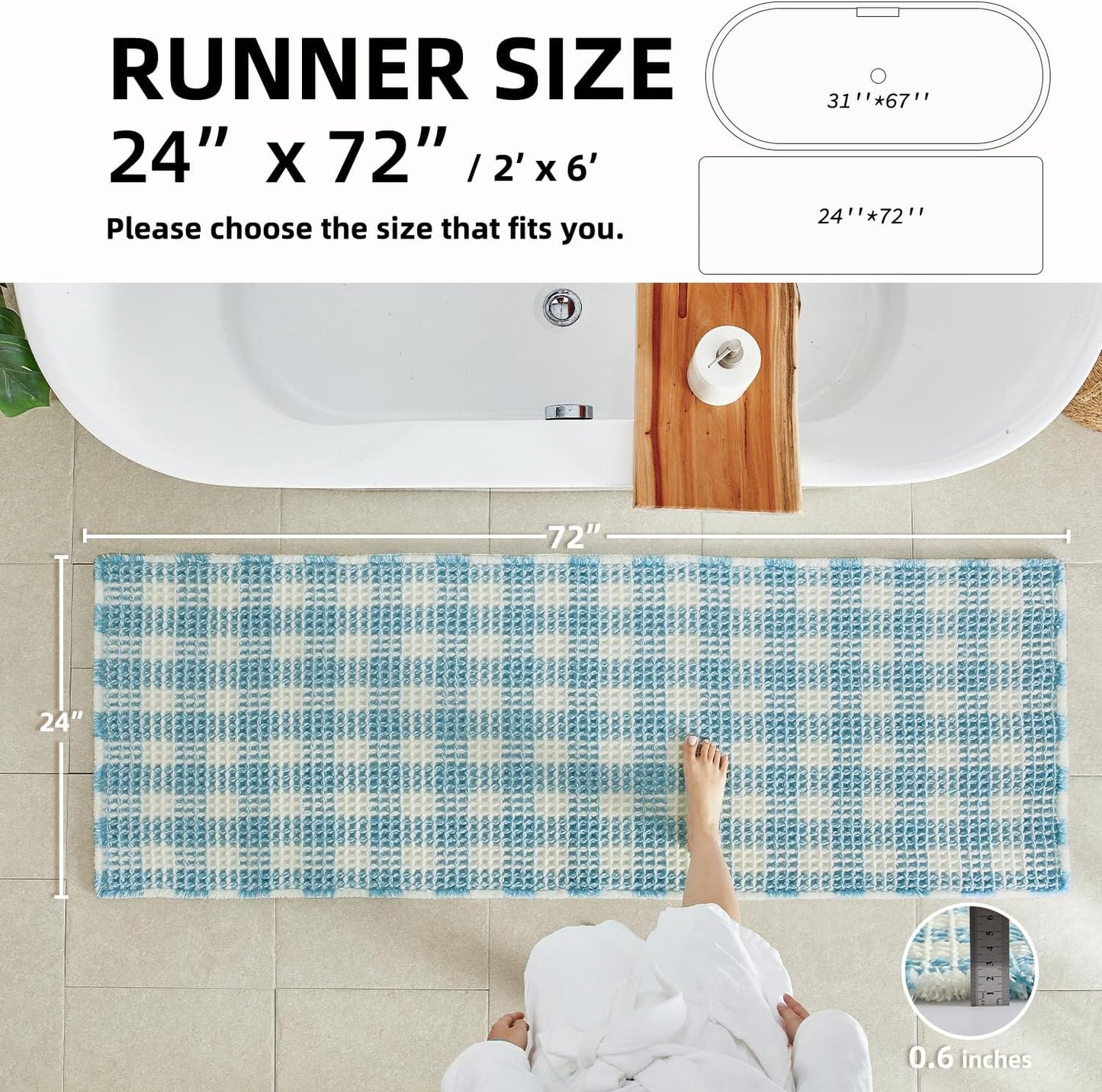 Waffle Runner Rug Bathroom, Long Boho Bathroom Rugs Non Slip Washable Absorbent Checkered Bathroom Mat Quick Dry Cute Bath Mat, 72"x24" Blue and White
