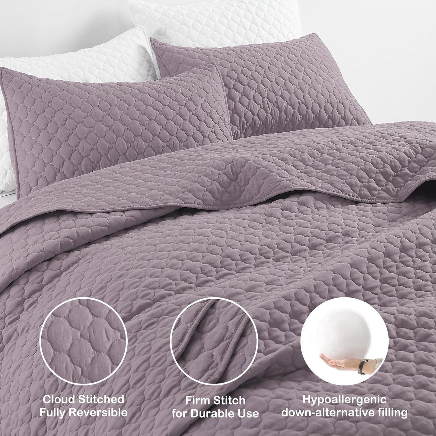 HORIMOTE HOME Quilt Queen Size Grayish Purple, Lightweight Quilt for Summer Ultra-Soft Microfiber Modern Style Quilted Clouds Pattern Bedspread Quit Set 3 Pieces(1 Quilt and 2 Pillow Shams)