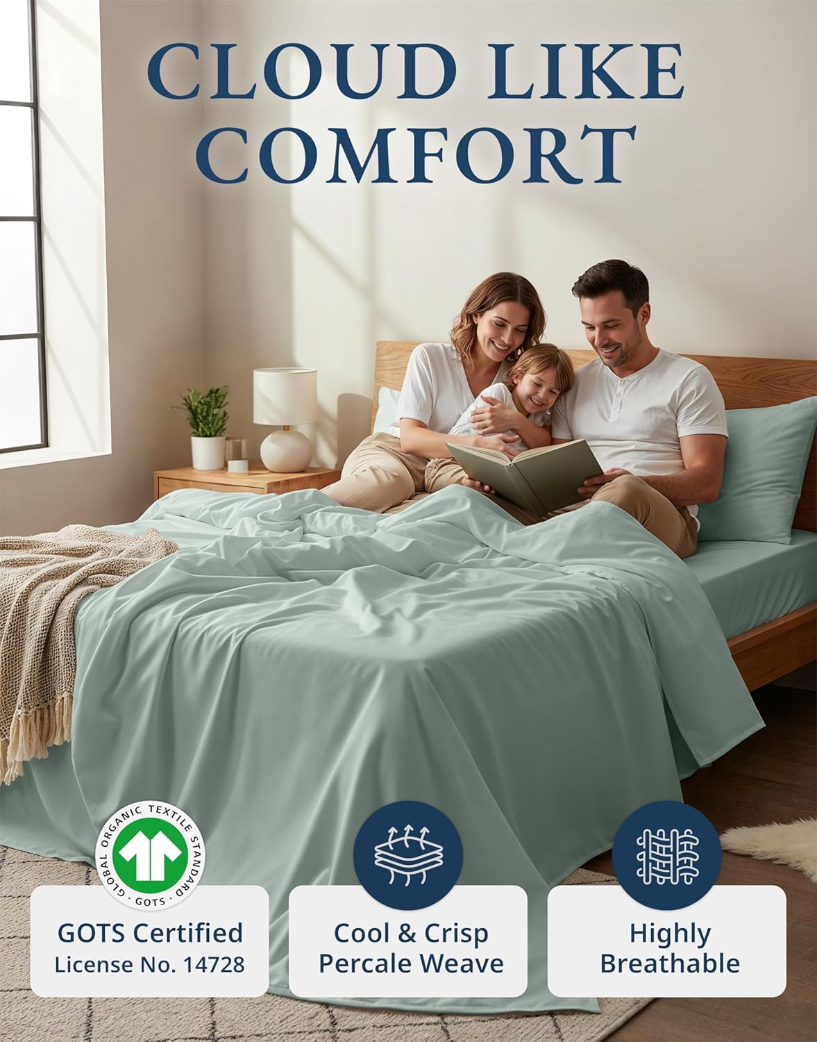 LANE LINEN 100% Organic Cotton Sheets King Size, 15" Deep Pocket Fully Elasticized Soft & Comfy Percale Bedding, Eco Friendly Naturally Temperature Regulating Cotton Sheets King- Cool Blue
