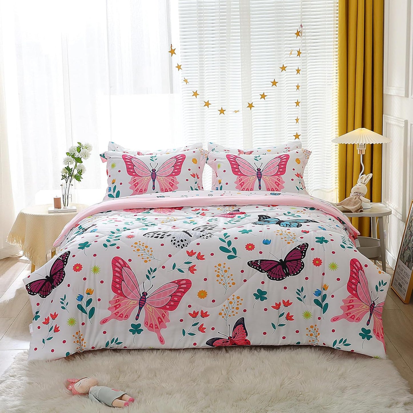 Wajade Butterfly Twin Comforter Set for Girls Kids Bedding Sets for Girls 7 Pieces Bed in a Bag Colorful Butterflies Flower Leaves Bedding Set All Season Lightweight