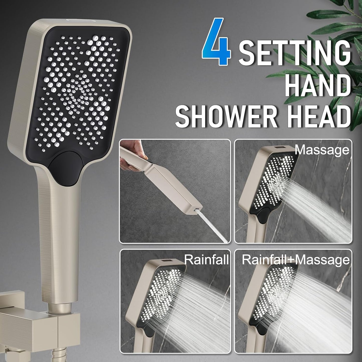 Iriber Thermostatic Shower System Wall Mount with Adjustable Water Flow Push Button Diverter,13 Inch Nickel Rectangle Rainfall Shower Head and Handheld,Brushed Nickel