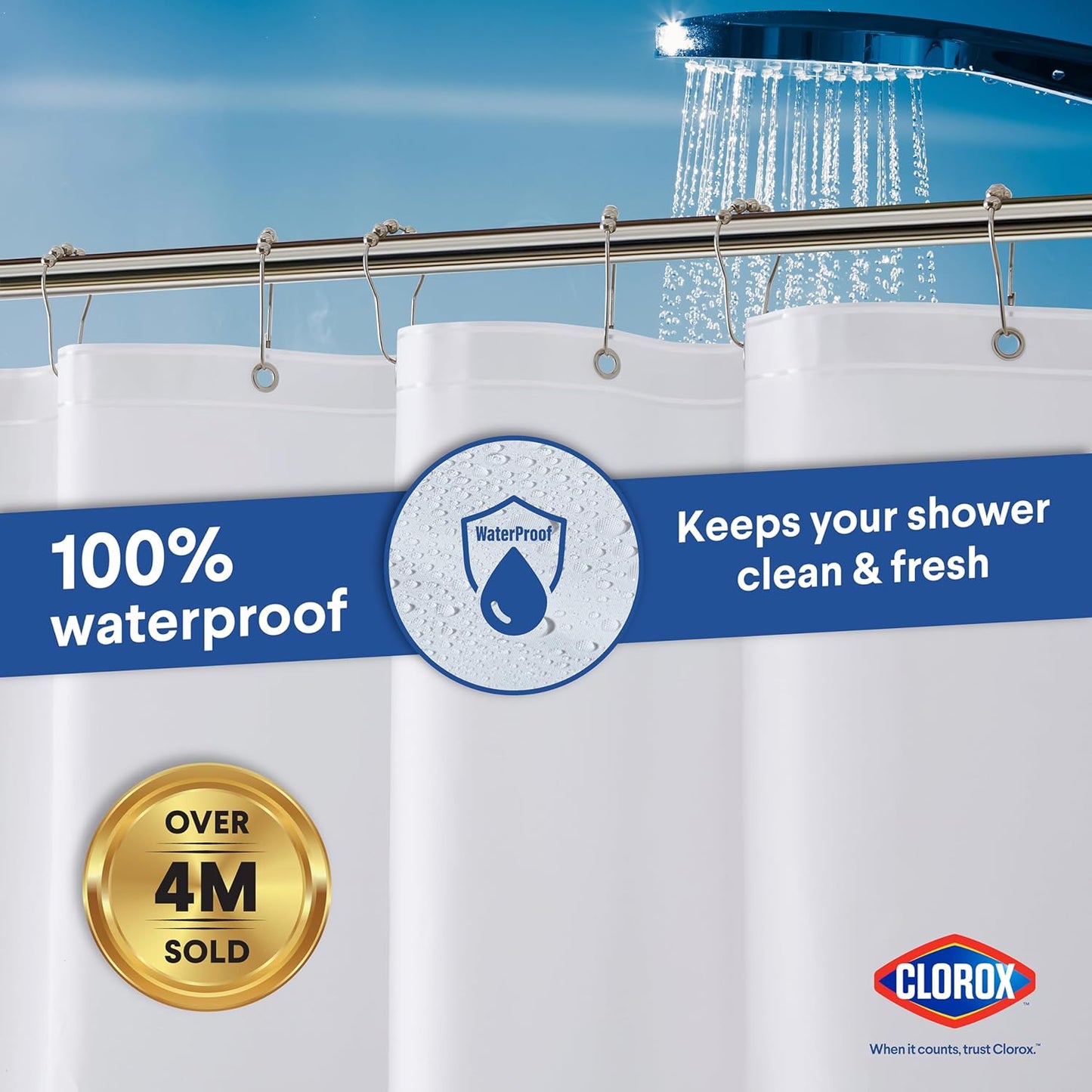 Clorox Shower Curtain Liner, Premium Lightweight Flexible Waterproof 4g PEVA for Bathroom with Weighted Magnets, Standard Size 70" x 72", White 1 Pack