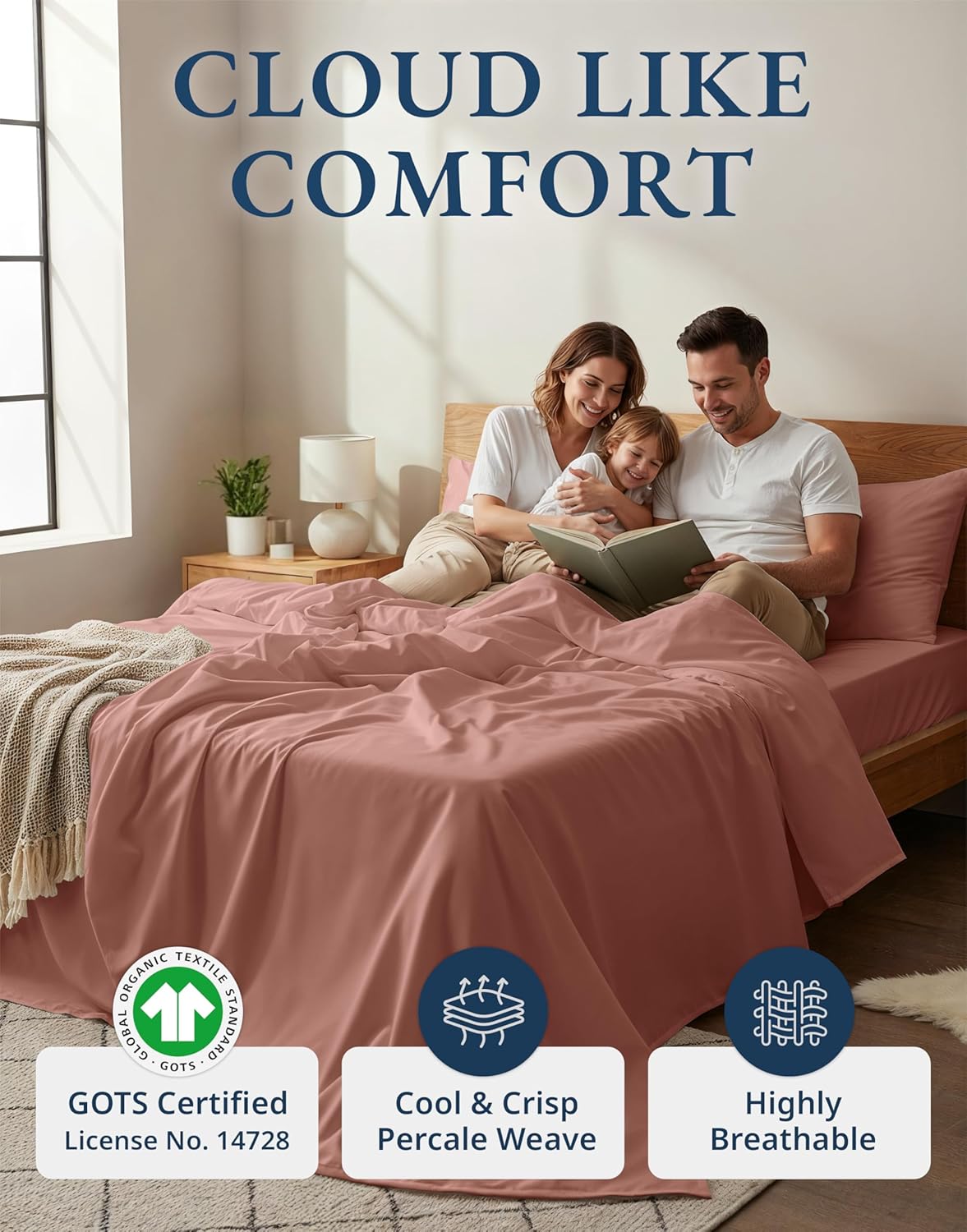 LANE LINEN 100% Organic Cotton Twin XL Sheets Set, 3-Piece Pure Organic Cotton Percale Sheets, Cotton Bedsheets, Ultra Soft Bedding Sheets, Breathable, Fits Mattress Upto 15" Deep - Rose Dawn