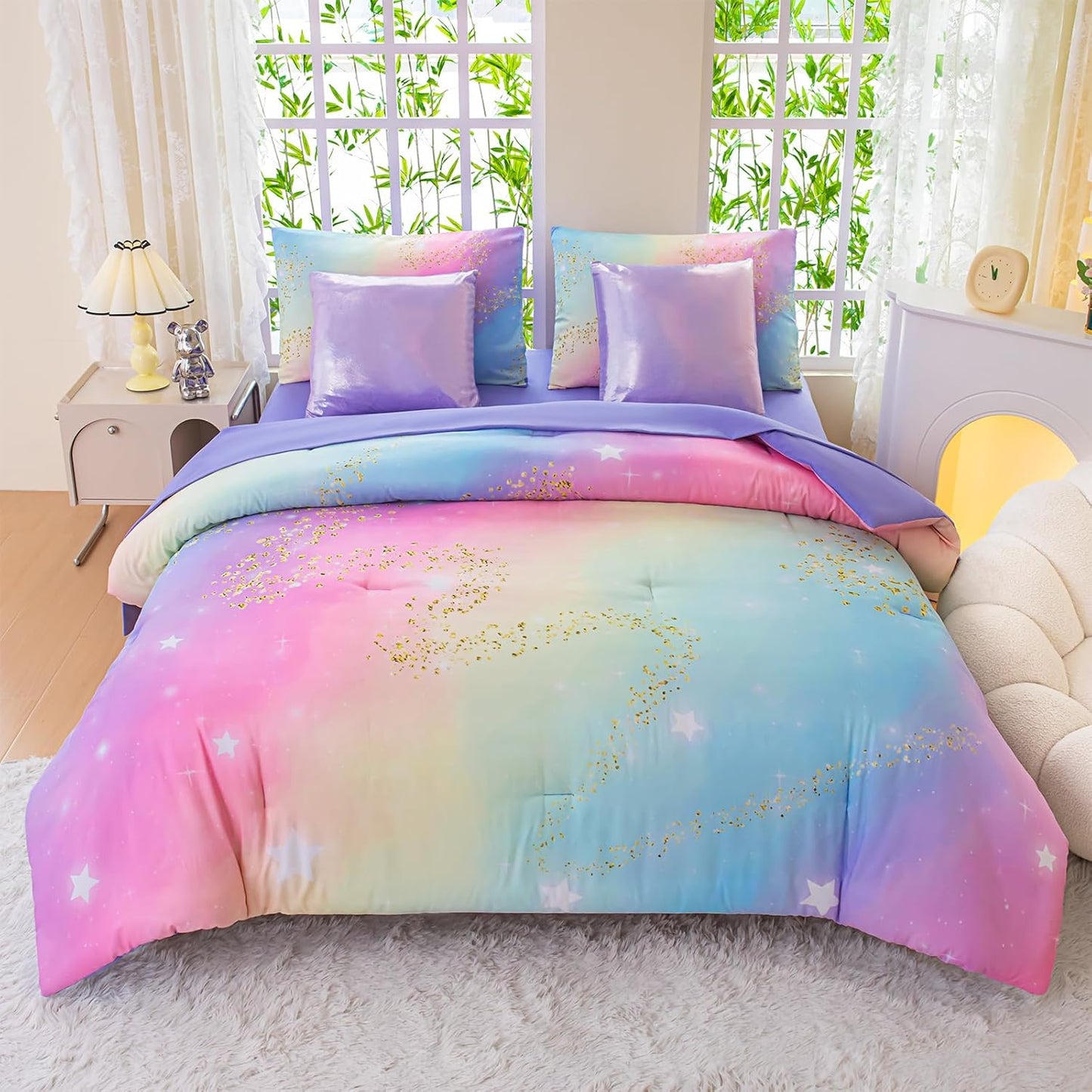 Rainbow Bedding Set Twin Size – 7 Piece Reversible Girls Comforter with Deep-Pocket Sheet, Gradient Galaxy Design, Whole-Piece Filling, Machine Washable Bed-in-a-Bag for Kids Room Makeover & Gifts