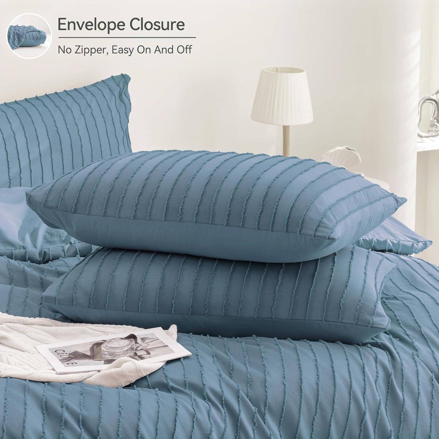 JELLYMONI Duvet Cover Twin Size Blue - 3PCS Boho Striped Duvet Cover Set Polyester Tufted Bohemian Textured Comforter Cover 68×90in with Corner Ties & Zipper and 2 Pillowcases