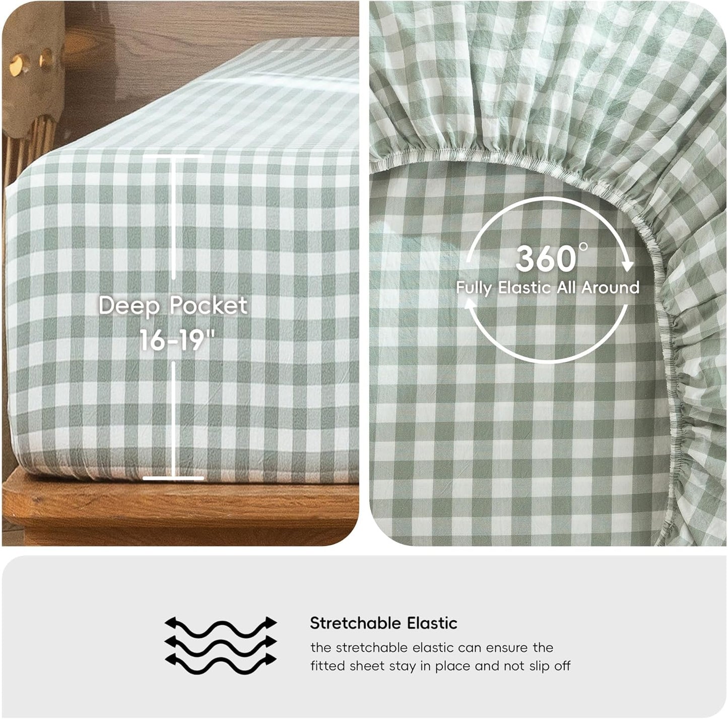 MooMee Gingham Sheet Set 100% Washed Cotton Linen Like Textured Breathable Soft w/ Fully Elasticized 16-19" Deep Pocket (Classic Gingham Sage Green, King)