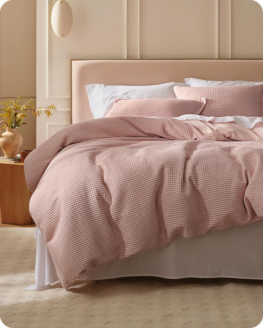 Bedsure Cotton Duvet Cover King - 100% Cotton Waffle Weave Pink Duvet Cover King Size, GentleSoft™ and Breathable Bedding Set for All Season, 3 Pieces, 104"x90"