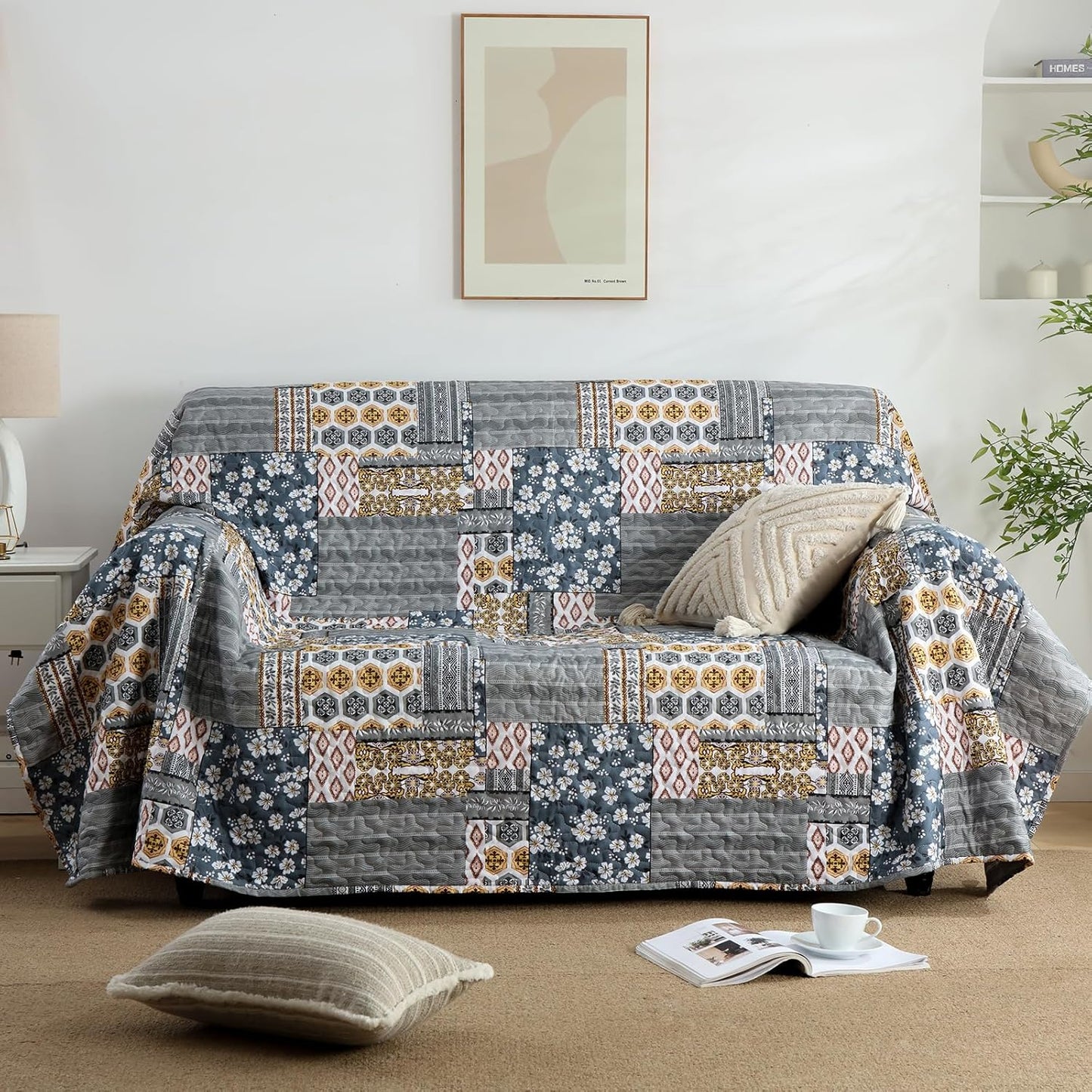 Mybedsoul Dark Grey Quilt Set Queen Size, 3 Pieces Plaid Floral Bedspread Set Patchwork Reversible Bedding Set Microfiber Lightweight Bedspread Coverlet Set for All Season 96"x90"