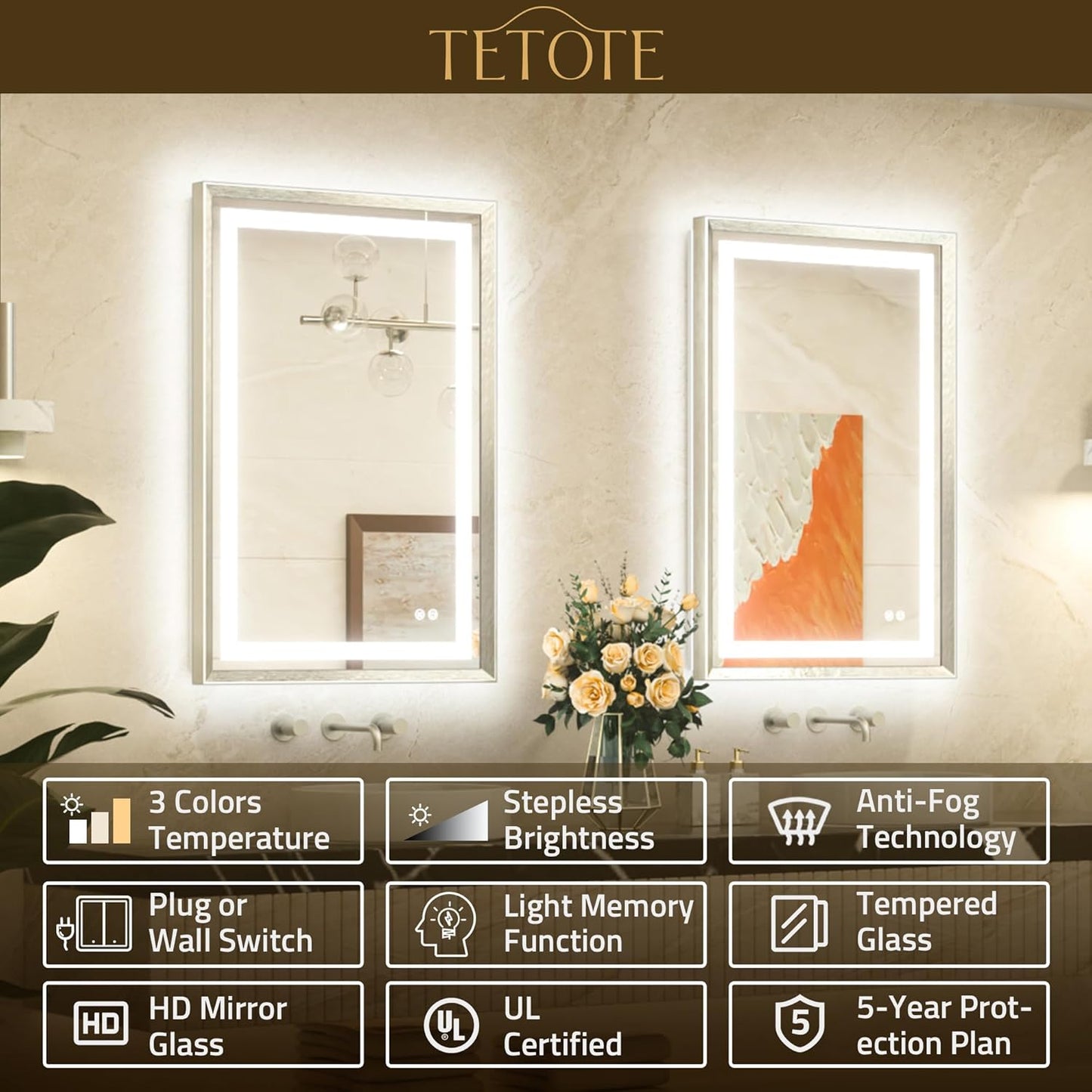 TETOTE 60 x 28 Large Bathroom Mirror Brushed Bright Nickel Metal Frame Frontlit & Backlit Vanity Mirror 3 Colors White/Warm/Natural Stepless Dimmable Anti-Fog Bathroom Mirrors for Vanity Wall-Mounted