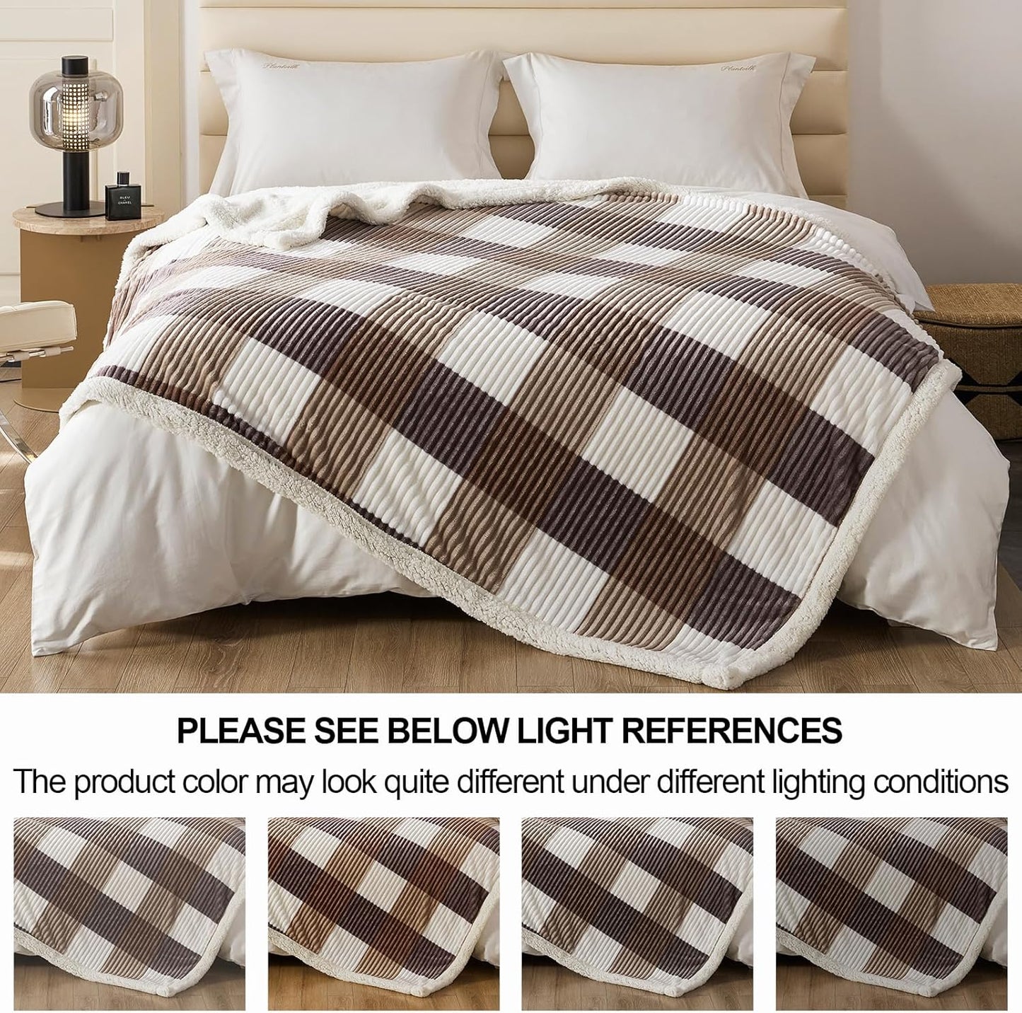 Blanket for Women, Sherpa Throw Blanket for Couch, Flannel Cozy Soft Checkered Blanket for Bed - Fleece, Beige, 80x90 Inches