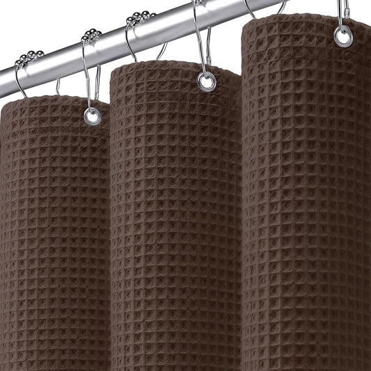 Extra Long Waffle Shower Curtain - Brown Cotton Texture Fabric Heavyweight Shower Curtain for Bathroom,72Wx84L