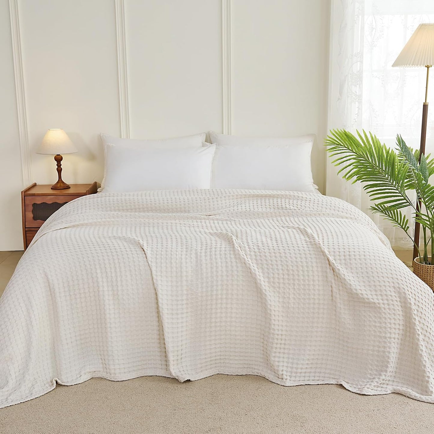 Aganear Waffle Blanket - Lightweight Breathable Summer Blanket of 50% Cotton and 50% Rayon Derived from Bamboo for Hot Sleepers Luxury Throws for Bed, Couch and Sofa,Beige,104x90 Inches