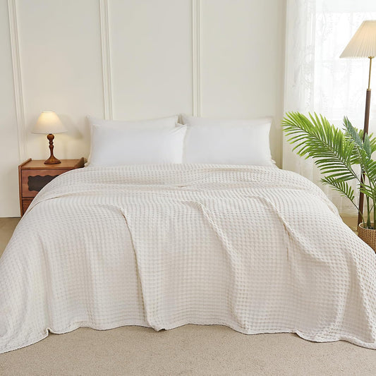 Aganear Waffle Blanket - Lightweight Breathable Summer Blanket of 50% Cotton and 50% Rayon Derived from Bamboo for Hot Sleepers Luxury Throws for Bed, Couch and Sofa,Beige,104x90 Inches