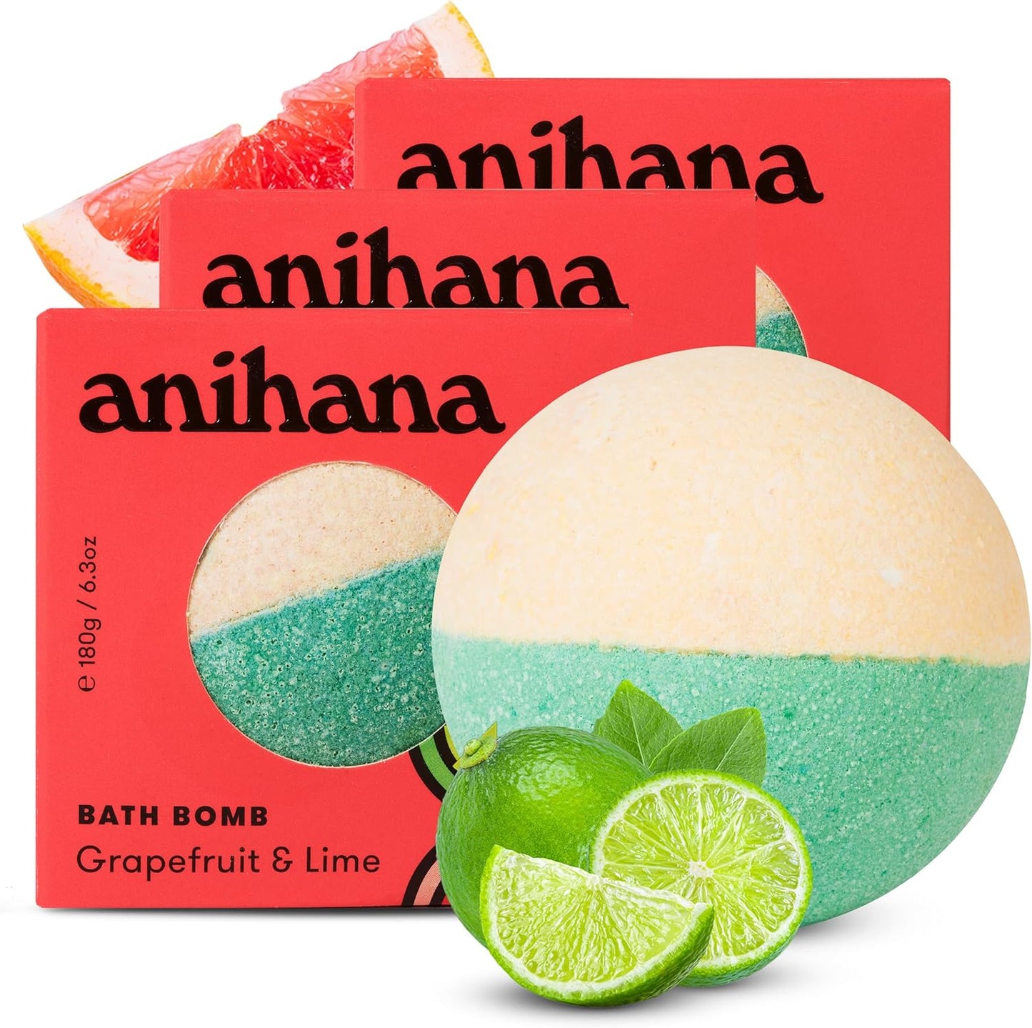 ANIHANA Bath Bombs with Coconut Oil, Paraben Free, Hand-Crafted Luxury Fizzers, Refreshing Grapefruit & Lime Scent, 6.3 oz Each, 3 Pack