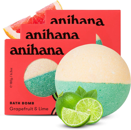 ANIHANA Bath Bombs with Coconut Oil, Paraben Free, Hand-Crafted Luxury Fizzers, Refreshing Grapefruit & Lime Scent, 6.3 oz Each, 3 Pack