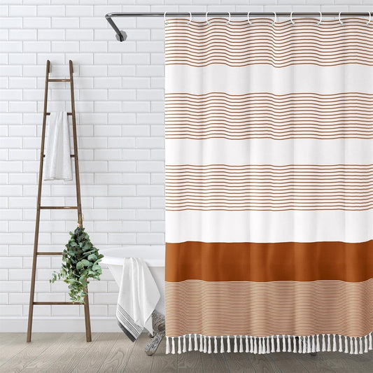 Awellife Boho Orange Shower Curtain for Bathroom Farmhouse Cotton Stripe Tassel Shower Curtain Natural Texture 96" L x 72" W
