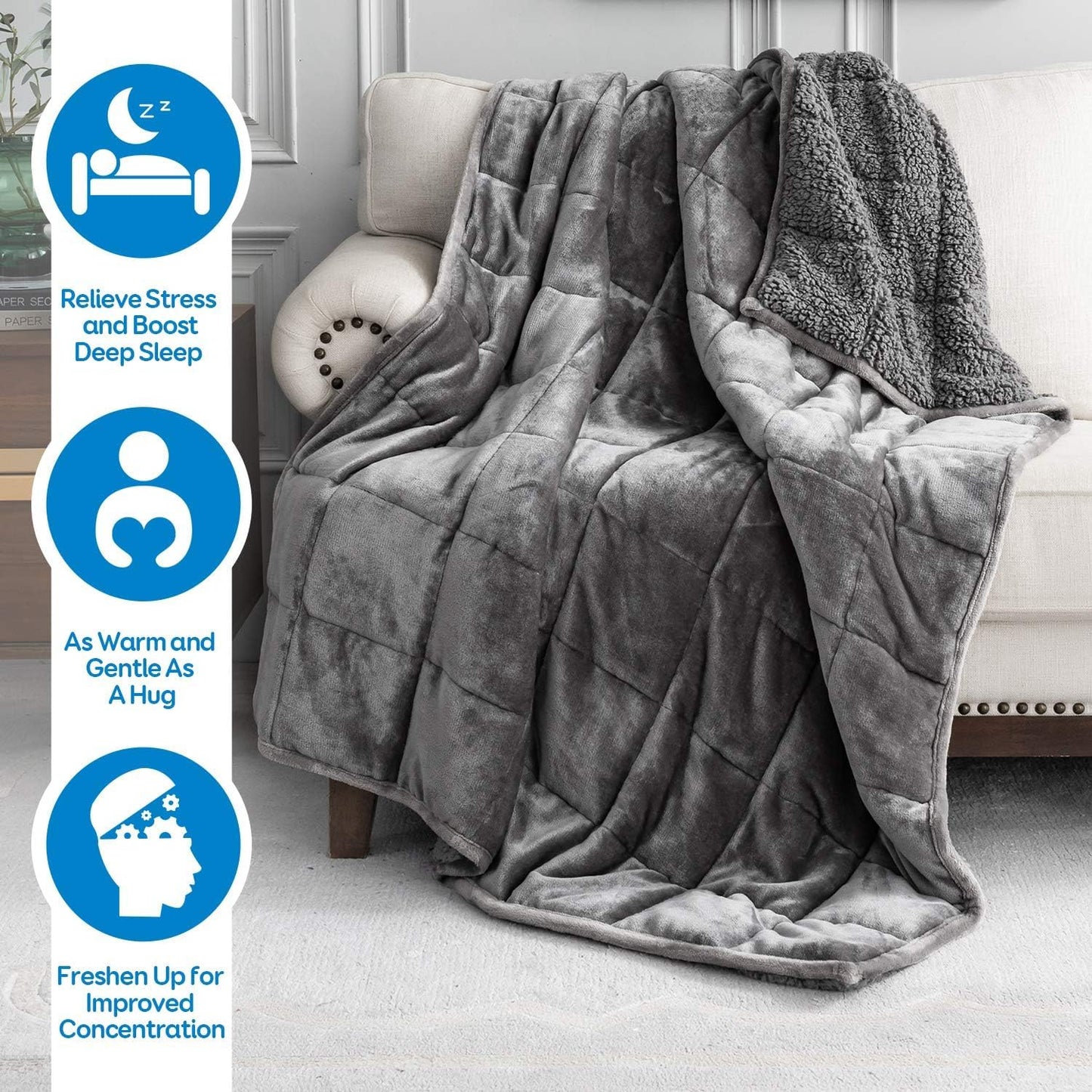 Cottonblue Weighted Blanket 17 lbs Queen Size, Flannel Shaggy Sherpa Weighted Blanket for Adults Comfortable Weighted Blankets for Calming and Relax, Bed Sofa Heavy Blankets, 60x80 inches, Grey