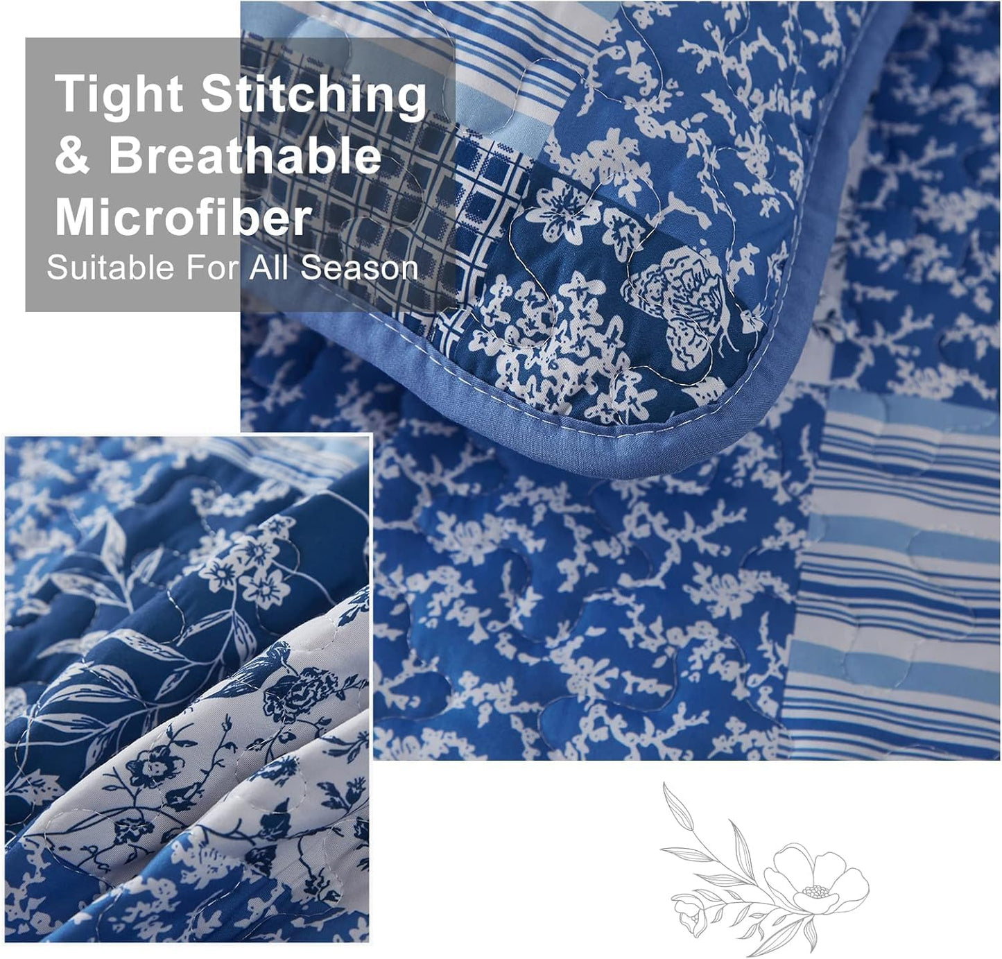 Mybedsoul Blue Quilt Set Twin Size, 2 Pieces Plaid Floral Bedspread Set Patchwork Reversible Bedding Set Microfiber Lightweight Bedspread Coverlet Set for All Season 68"x86"