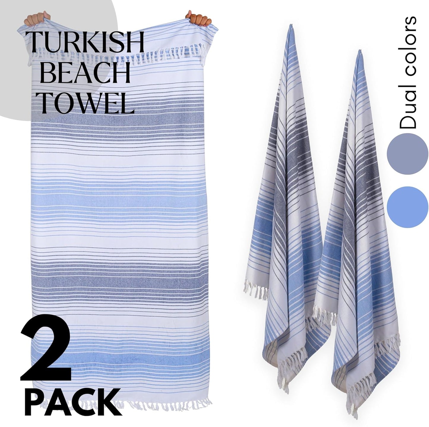 Native Fab 100% Cotton Peshtemal Turkish Bath and Beach Towels Set of 2, Large 40x71 Travel Sarong Gym Pool Spa Towels, Ultra Soft Quick Dry Absorbent Fouta Hammam Peshtemal Towels Navy Blue