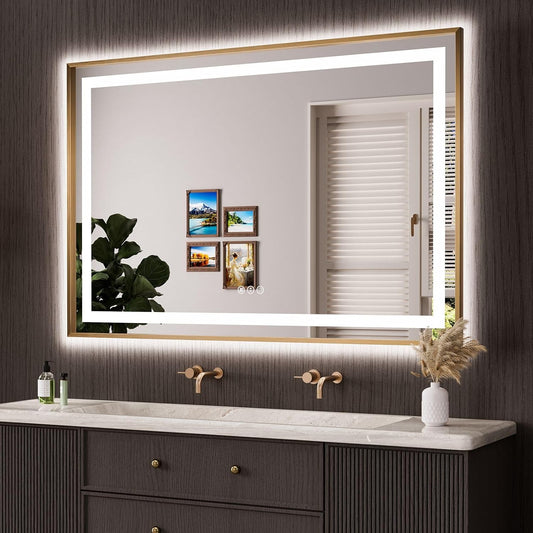 Amorho 60"x 40" LED Bathroom Mirror, Golden Metal Framed Mirror with Front Light and Backlit, Stepless Dimmable, Anti-Fog, Shatter-Proof, Memory, 3 Colors