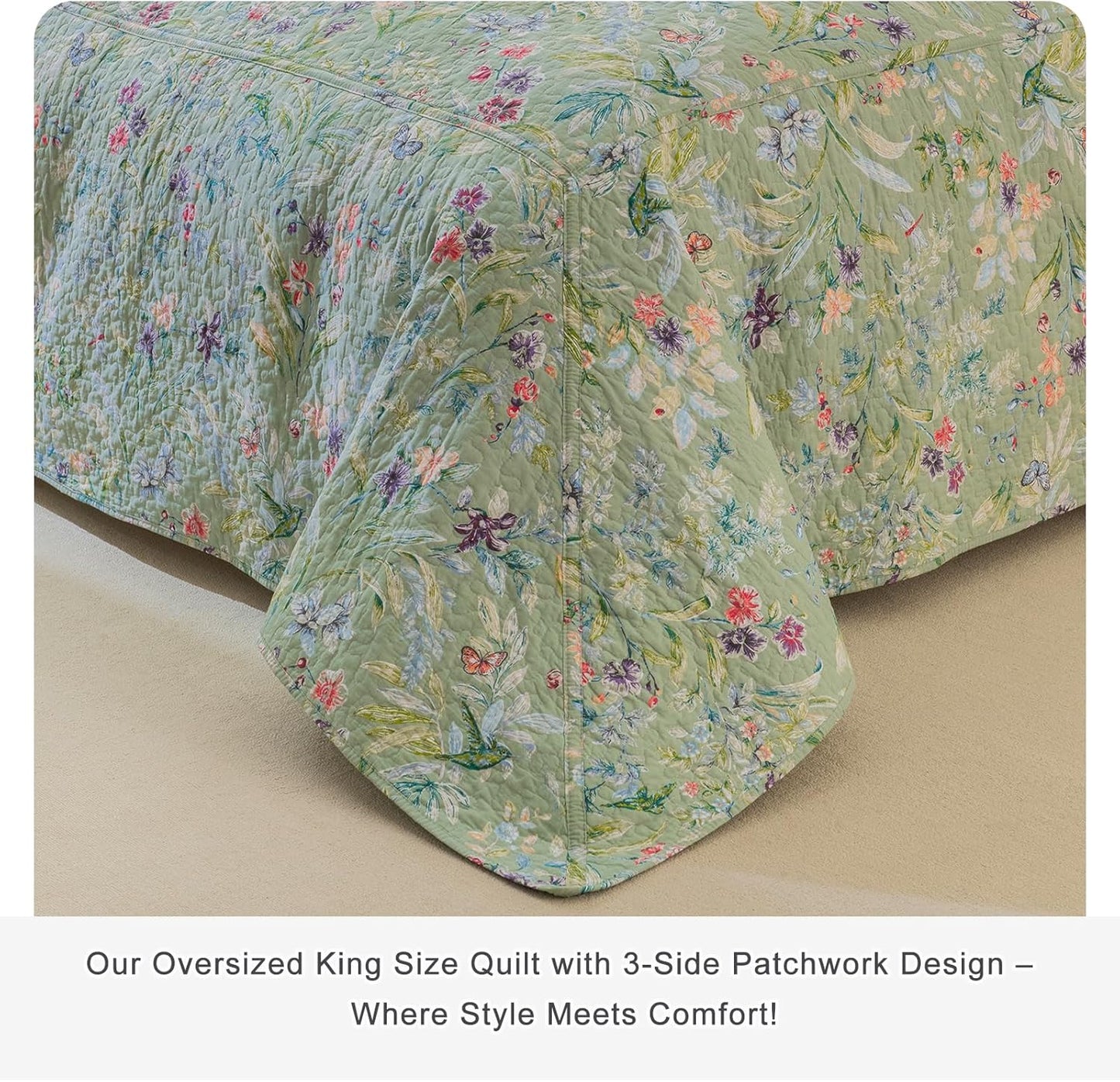 Lady Ann Oversized Cal King Bedspreads 120x120 for Extra Bed, Green Flower Bird Butterfly Print Botanical Bedding, Lightweight 100% Cotton Quilted Coverlet Set with Pillow Shams for All Season, 3 PCS