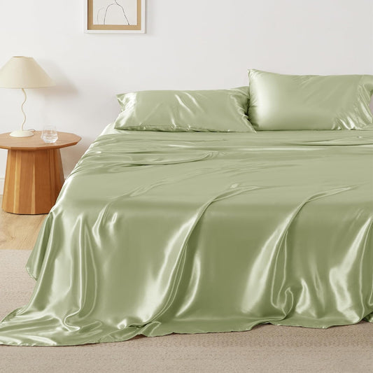 Bedsure Satin Sheets Queen Size - 4 Piece Silky Bedsheets with 15 Inches Deep Pocket Fitted Bedsheet,1 Flat Sheet, 2 Satin Pillowcases, Good for Hair & Skin (Queen, Sage Green)