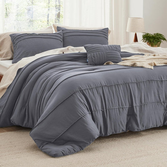 Bedsure California King Comforter Set - 4 Pieces Pinch Pleat Bed Set, Dark Grey Boho Bedding for All Season, 1 Soft Comforter, 2 Pillowcases, 1 Decorative Pillow