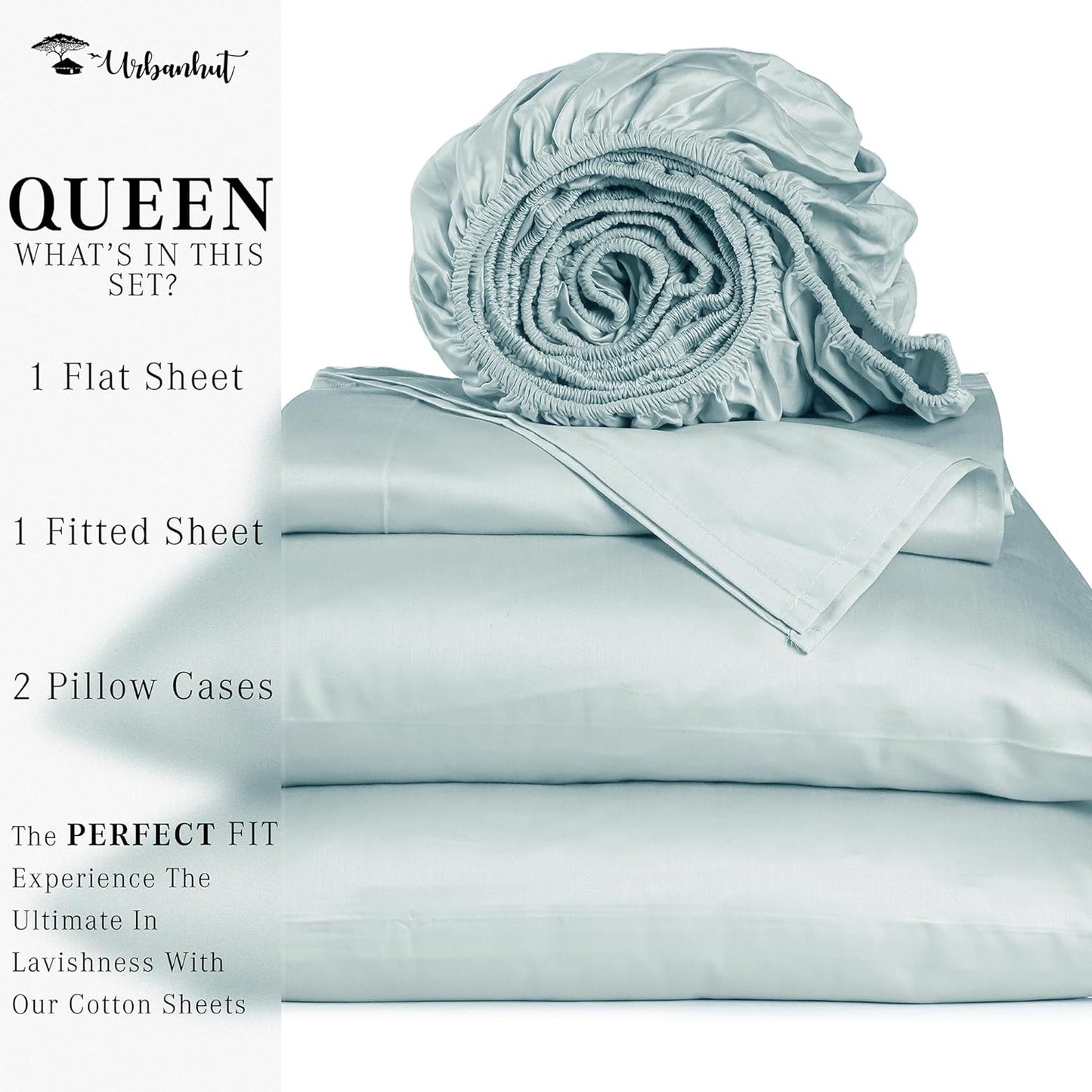 URBANHUT 1000 Thread Count Queen Sheet Set Egyptian Cotton, Long Staple Soft & Breathable, 4 Pc Bed Sheet Sets, Luxury Hotel Sateen Sheets Fits 16" Deep Pocket - Light Blue