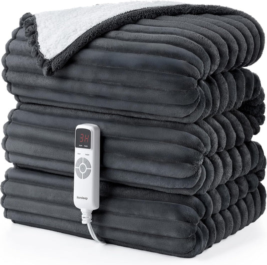 Hansleep Heated Blanket Electric Blanket Twin, Heating Throw with 9 Heating Levels and 10-Hour Timer Auto Shut Off, Washable Soft Warm Winter Blanket, 62 x 84 Inches, Dark Grey