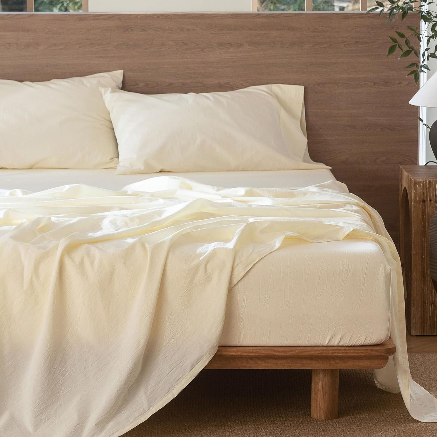 MooMee Bedding Sheet Set 100% Washed Cotton Linen Like Textured Breathable Durable Soft Comfy (Solid Cream White, Queen)