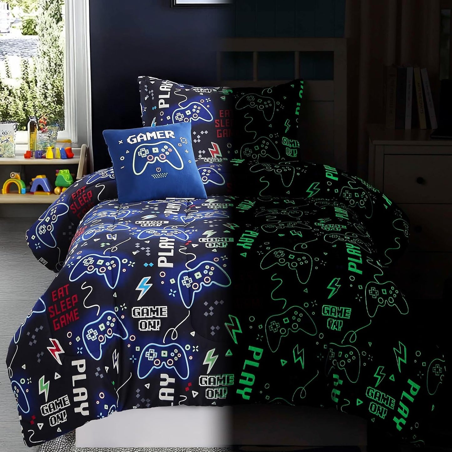 Twin Comforter Set for Boys-3 Pieces Gamer Glow in The Dark Twin Bedding Sets for Kids,1 Comforter,1 Sham and 1 Decor Pillow
