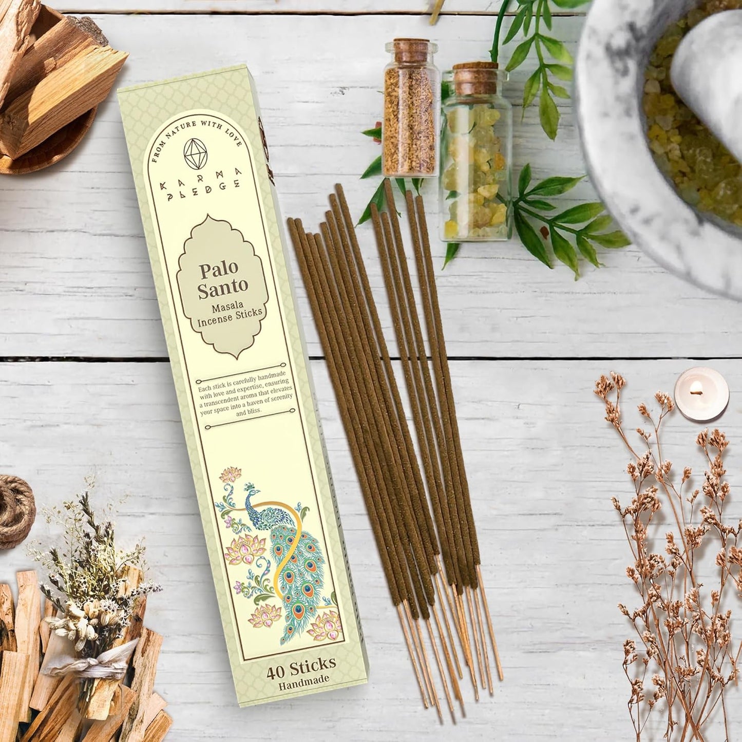 KARMAPLEDGE Palo Santo Masala Incense Sticks, Organic Hand Rolled Incense, Natural Herbs & Aromatic Ingredients, Contain 40 Sticks Inside, Burn Time 45-60 Min, Spiritual Gift, Incense by Karma Pledge