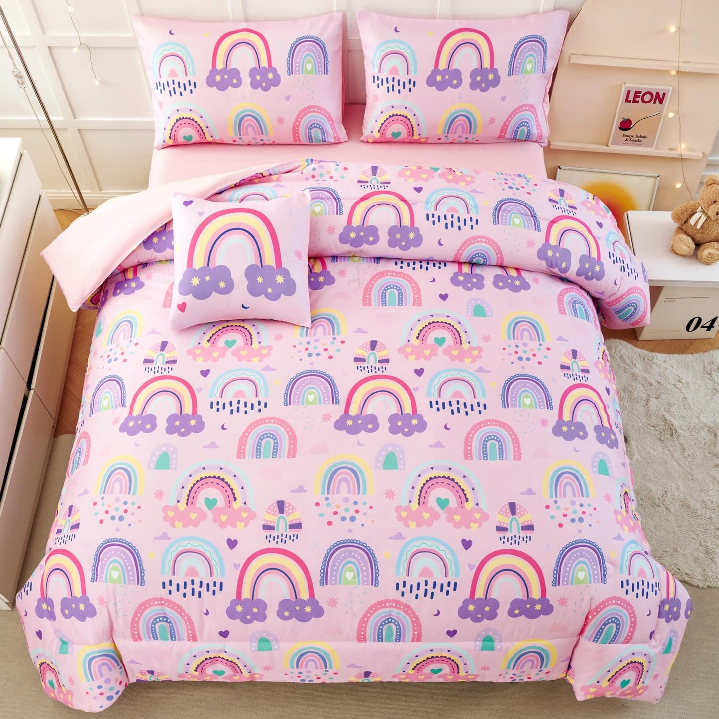 ANGIYUIN 6Pcs Girls Rainbow Comforter Set Queen Size Cute Clouds Kids Bedding Set Love Hearts and Stars Kid Bed Set for Girl Soft Lightweight Bed in A Bag with Sheets, Pink, Queen