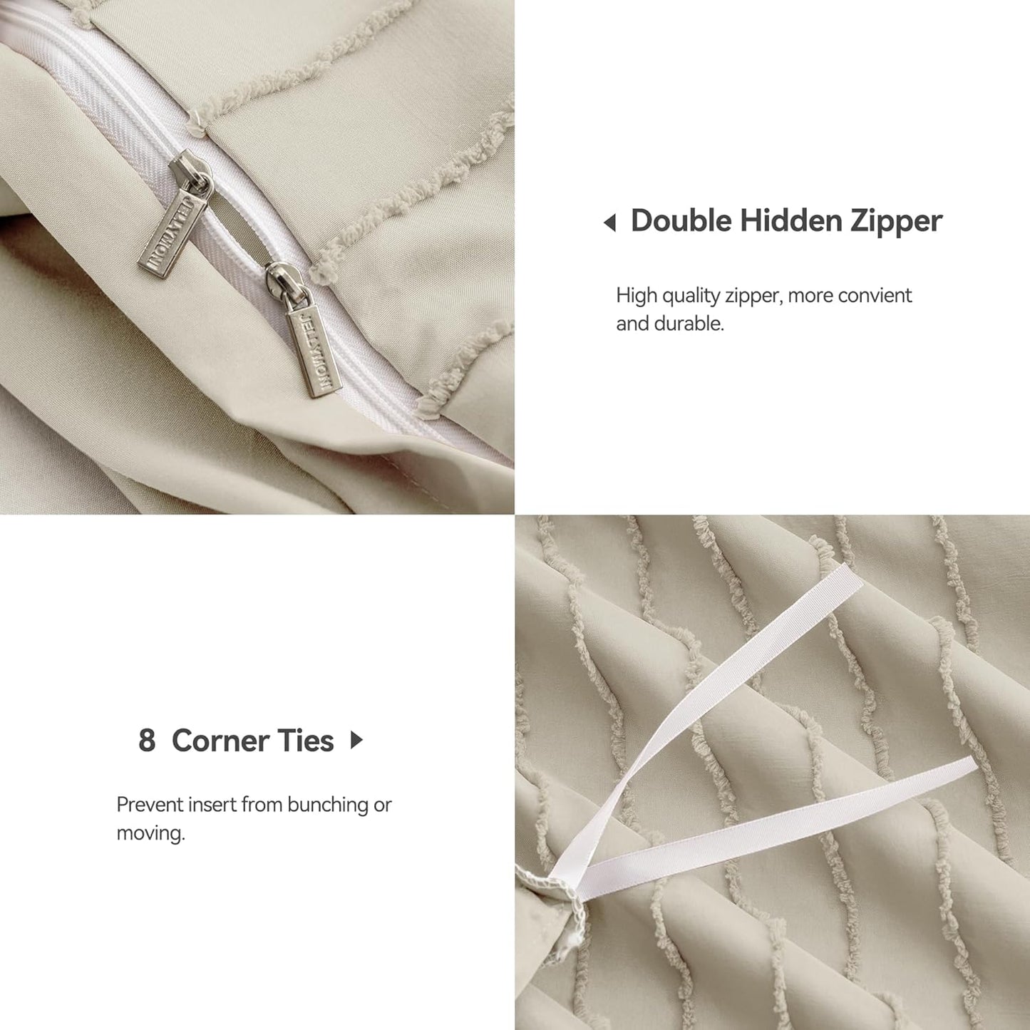 JELLYMONI Duvet Cover King Size Light Khaki - 3PCS Boho Striped Duvet Cover Set Polyester Tufted Bohemian Textured Comforter Cover with Corner Ties & Zipper Closure