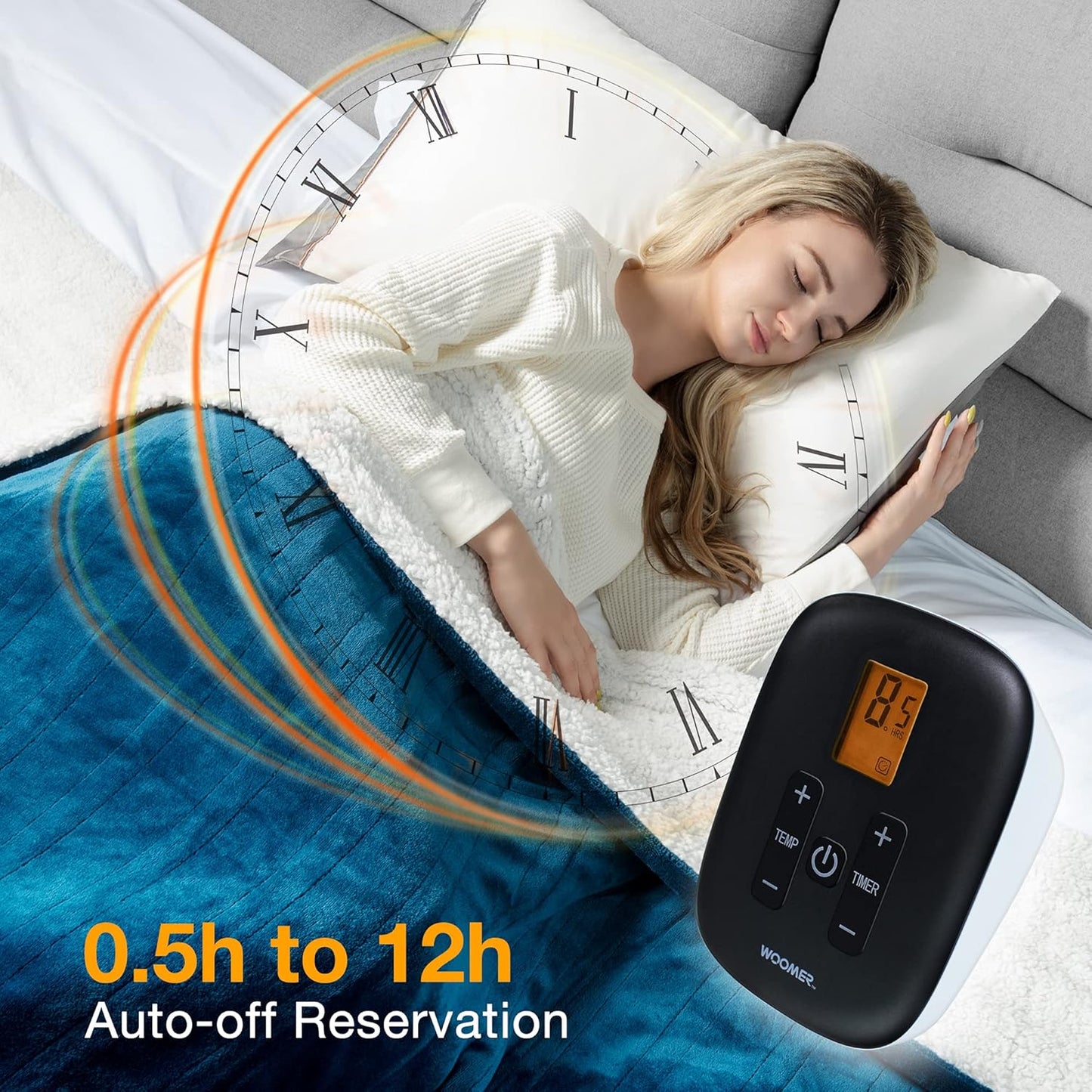WOOMER [5-Year Warranty] Electric Blanket Full Size,Durable Flannel and Soft Sherpa,Dual Control,77”×84” Heated Throw Blanket, 10 Heat Levels&0.5-12h auto-Off,Energy Efficient,ETL Certified