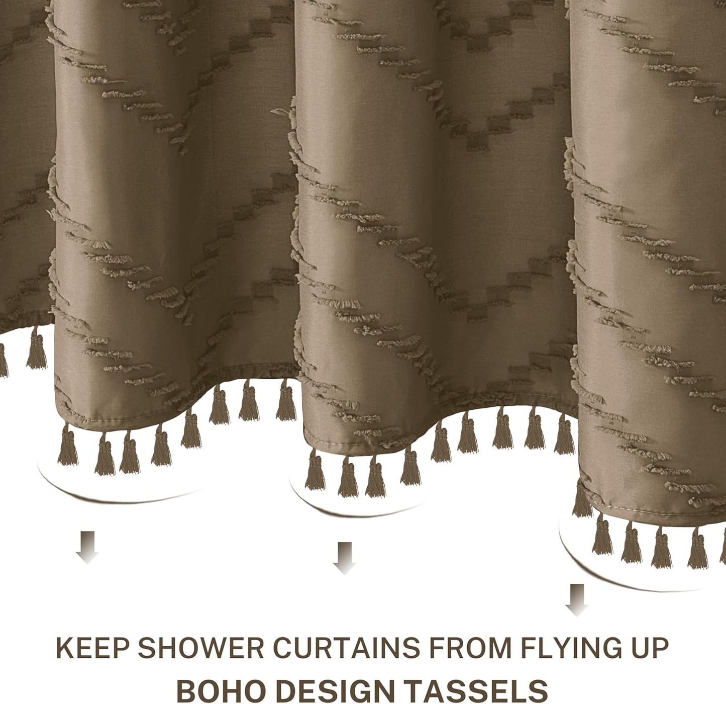 Extra Long Boho Shower Curtain, Woven Fabric 84 in Khaki, 72 x 84, Tufted Chevron Striped Modern Chic Textured Minimalist Bathroom Shower Curtain