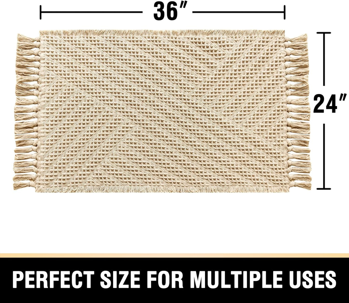 H.VERSAILTEX Waffle Bath Mat Super Absorbent Boho Bath Mat Non Slip Bath Rugs for Bathroom Floor Machine Washable Dry Fast Bathroom Rugs with Tassels, 24" x 36", Sand