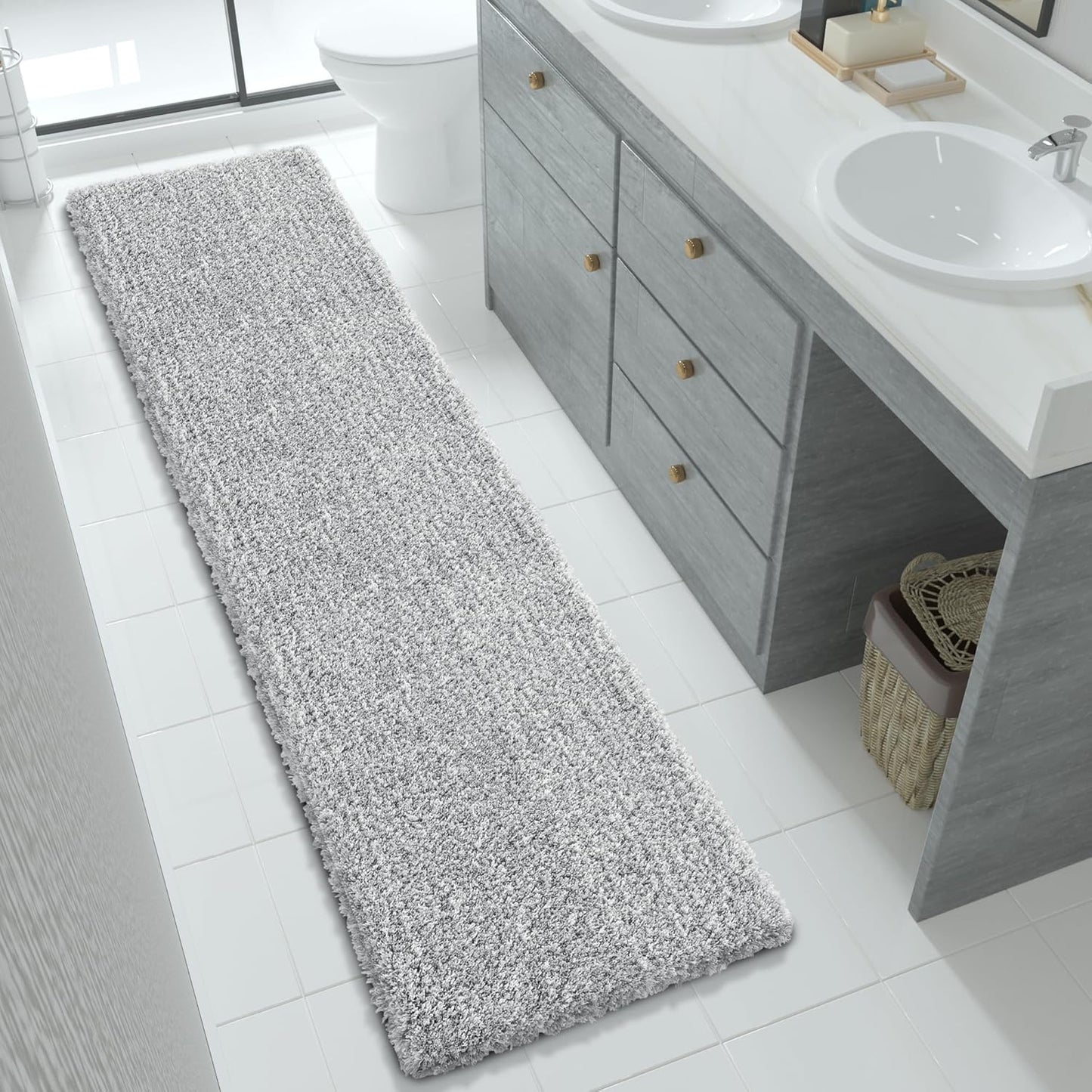 Yimobra Bathroom Runner Rug Non Slip 70"x 24", Super Absorbent Bath Rugs, Quick Dry, Luxury Extra Long Shaggy Fluffy Bath Mat for Double Vanity & Tub Side, Machine Washable, Light Gray and White