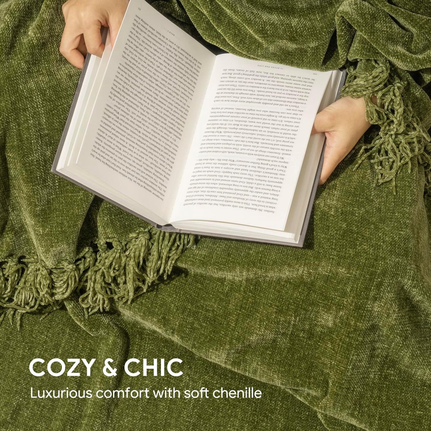 RECYCO Throw Blanket Soft Cozy Chenille Throw Blanket with Fringe Tassel for Couch Sofa Chair Bed Living Room Gift (Loden Green, 60'' x 80'')