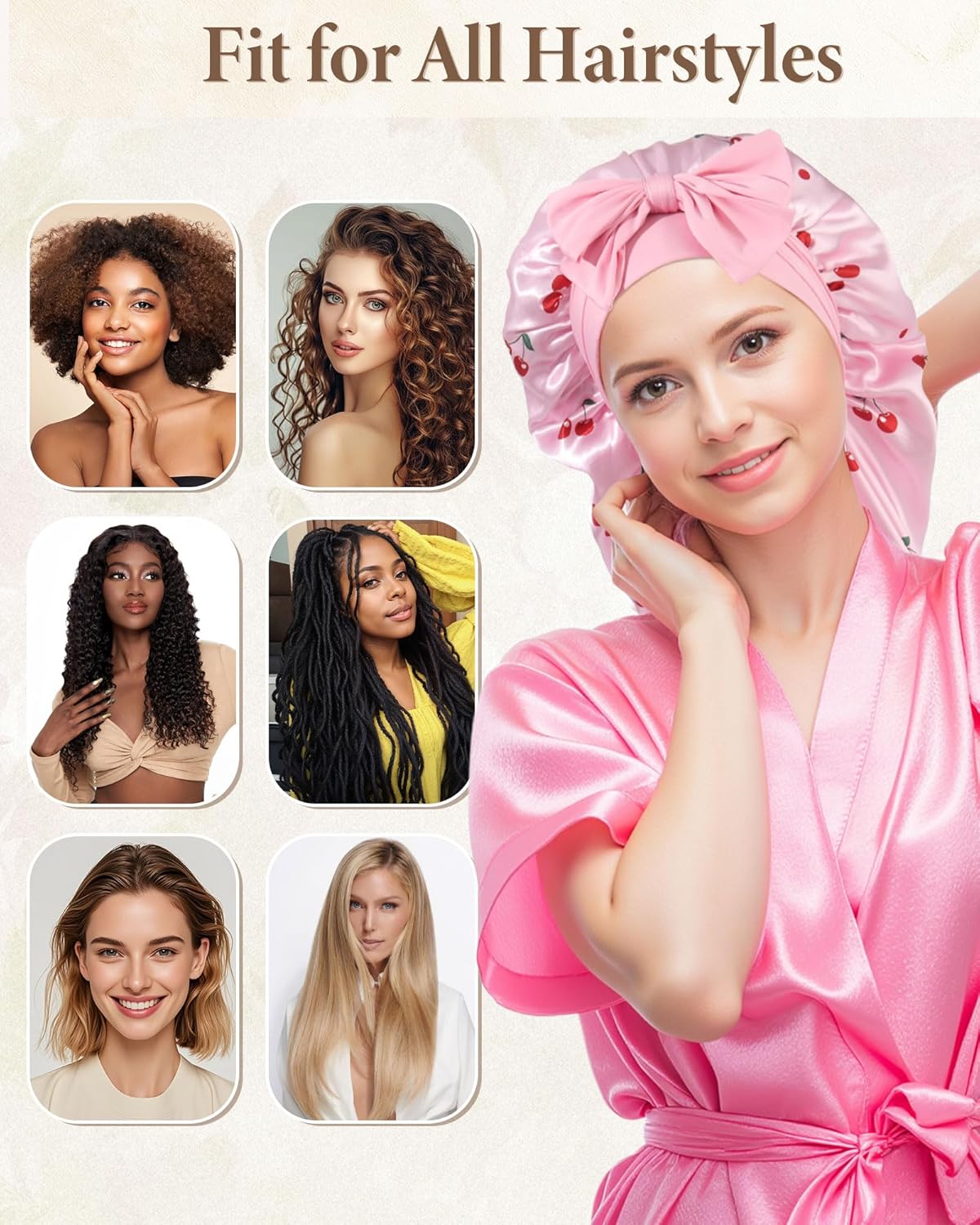 AWAYTR Long Satin Bonnet for Sleeping, Reversible Double Layer Hair Bonnet with Elastic Tie Band (Cherry Print+Pink)