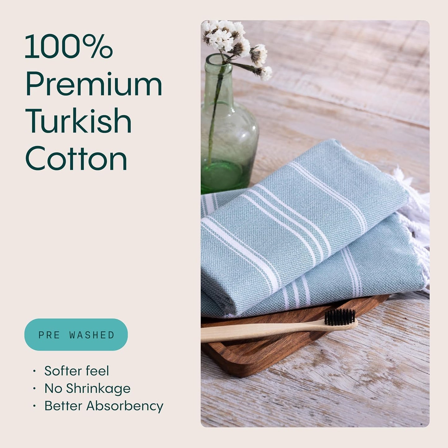 WETCAT Turkish Hand Towels with Hanging Loop, Set of 2 (20" x 30") 100% Turkish Cotton, Pre-Washed, Quick Drying, for Kitchen or Bathroom - Teal