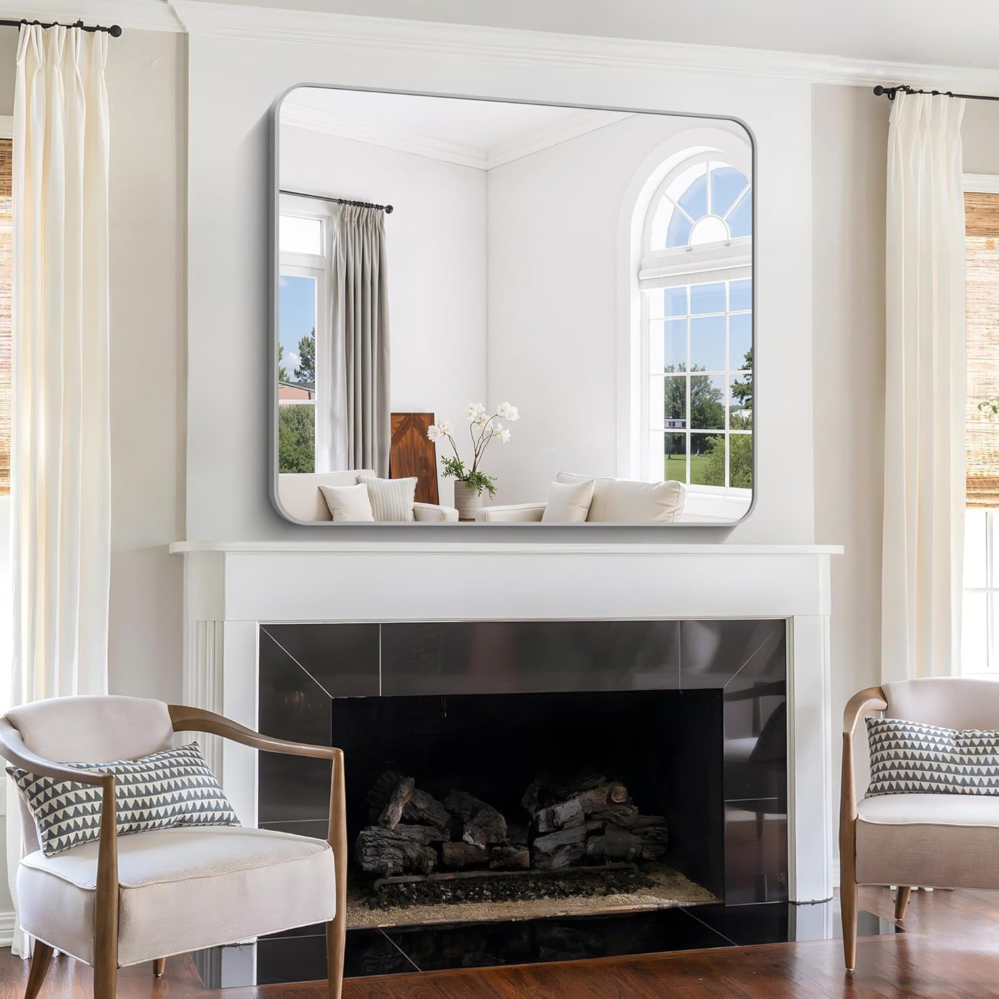 48x40 Inch Silver Bathroom Mirror, Large Rectangle Mirror, Metal Framed Rectangular Vanity Mirror, Rounded Corner Wall Mounted Mirror for Living Room Bedroom Entryway Horizontal or Vertical