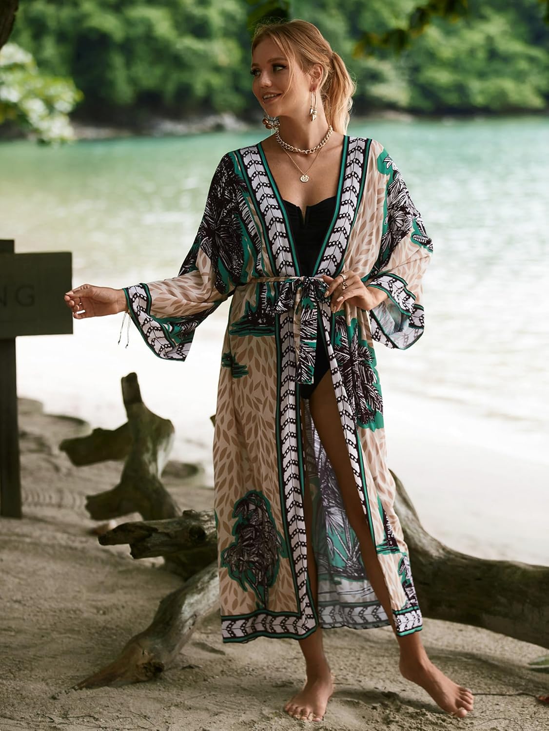 Women Casual Open Front Lightweight Cardigan Long Beach Kimono Cover Up