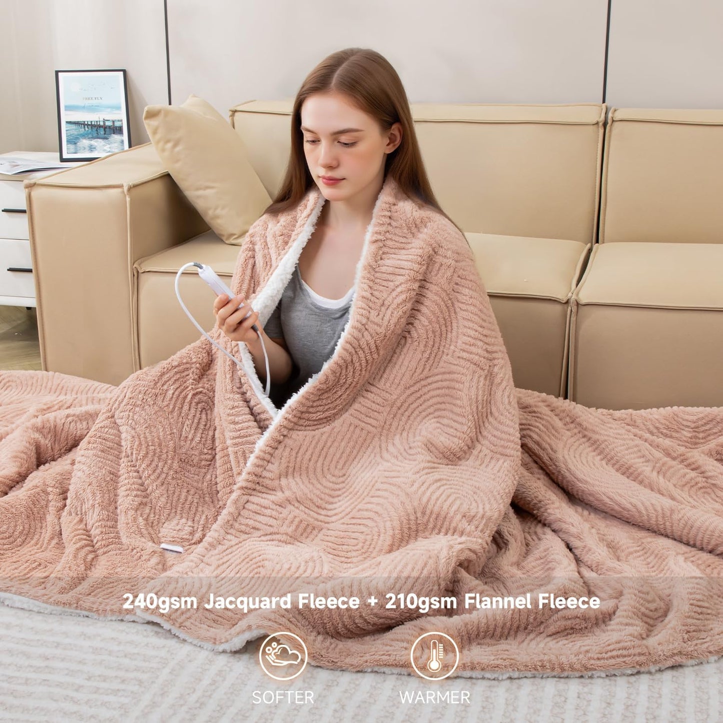 Heated Blanket Queen Size - 84"x90" Cozy Soft Jacquard Heating Blanket with 4 Heat Levels & 10 Hours Auto-Off, Jacquard Fleece, Overheating Protection, Warm Gifts, Brown
