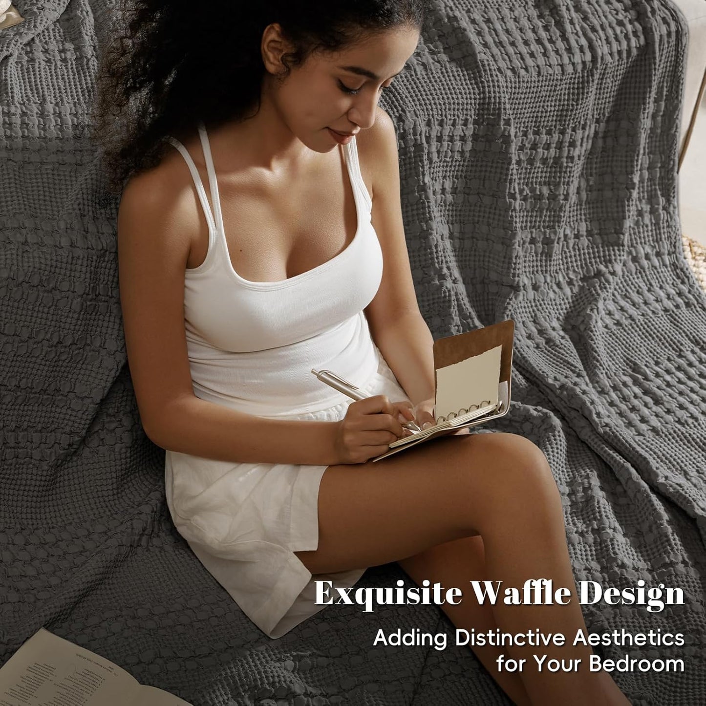PHF 100% Cotton Waffle Weave Blanket Queen Size for Bed, Soft Lightweight & Breathable, All-Season Comfort, Luxury Aesthetic Woven Bedding for Home Decor, 90"x90", Charcoal Grey